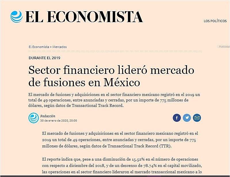 Sector financiero lider mercado de fusiones en Mxico